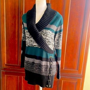 Style & Co. Shawl Collar V-Neck Long Sleeve Color-Block Sweater w/Lace up side.